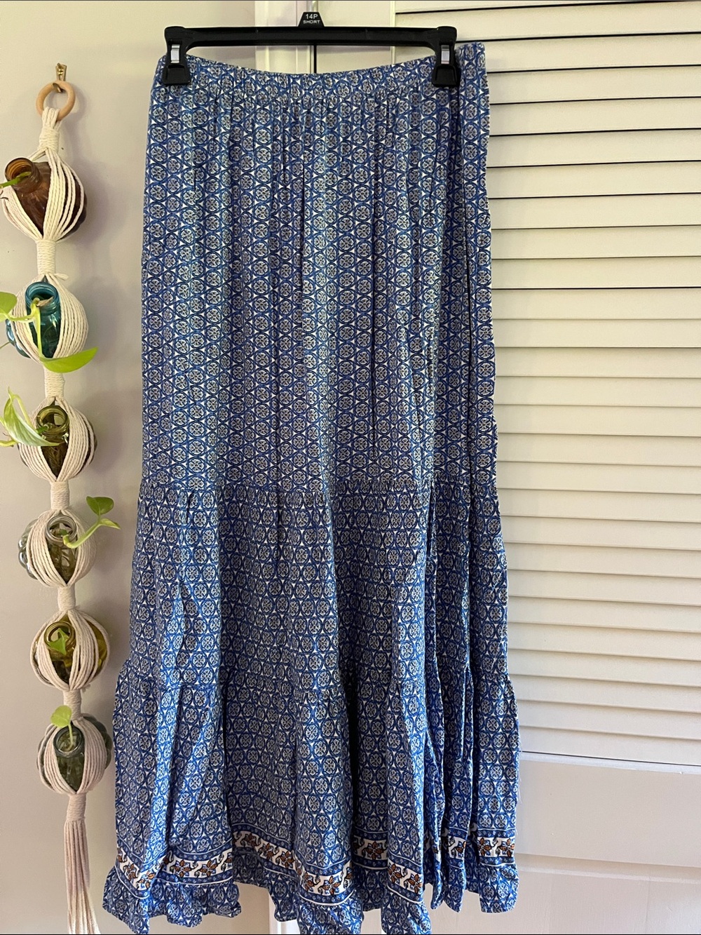 Max Studio Blue Printed Tiered Maxi Skirt with Border Detail